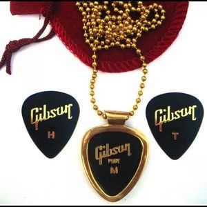 Pickbay Guitar Pick Holder Necklace in Golden Eco-Brass + Gibson Picks NEW